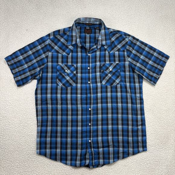 Plains Western Wear Pearl Snap Mens Size XLT Tall Man Blue Plaid Short Sleeve - Picture 1 of 6
